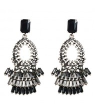 Rhinestone Embellished Bold Bohemian Fashion Hoop Tassel Women Earrings - Black