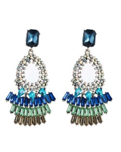 Rhinestone Embellished Bold Bohemian Fashion Hoop Tassel Women Earrings - Blue