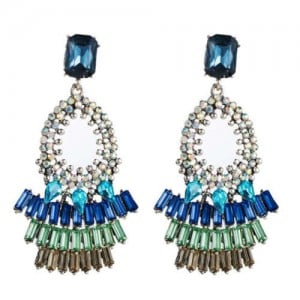 Rhinestone Embellished Bold Bohemian Fashion Hoop Tassel Women Earrings - Blue
