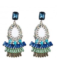 Rhinestone Embellished Bold Bohemian Fashion Hoop Tassel Women Earrings - Blue