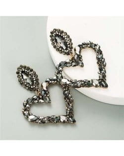 Shining Rhinestone Bold Fashion Hollow Heart Design Women Statement Earrings - Black