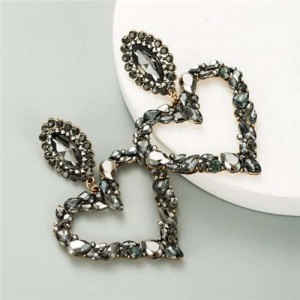 Shining Rhinestone Bold Fashion Hollow Heart Design Women Statement Earrings - Black