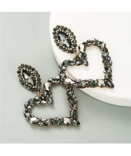 Shining Rhinestone Bold Fashion Hollow Heart Design Women Statement Earrings - Black