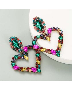 Shining Rhinestone Bold Fashion Hollow Heart Design Women Statement Earrings - Multicolor