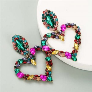 Shining Rhinestone Bold Fashion Hollow Heart Design Women Statement Earrings - Multicolor