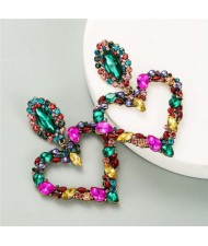 Shining Rhinestone Bold Fashion Hollow Heart Design Women Statement Earrings - Multicolor
