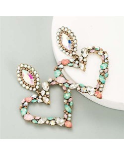 Shining Rhinestone Bold Fashion Hollow Heart Design Women Statement Earrings - Pink and Green