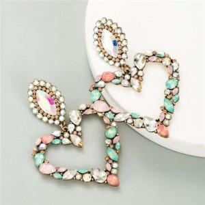 Shining Rhinestone Bold Fashion Hollow Heart Design Women Statement Earrings - Pink and Green