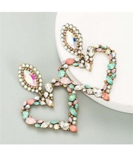 Shining Rhinestone Bold Fashion Hollow Heart Design Women Statement Earrings - Pink and Green
