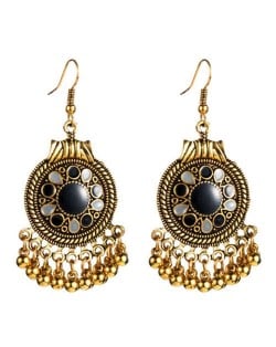 Vintage Oil-spot Glazed Folk Style Beads Tassel Women Round Earrings - Black