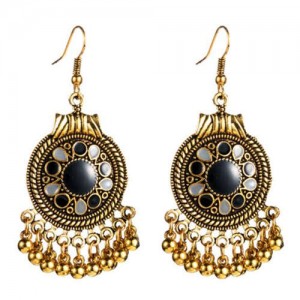 Vintage Oil-spot Glazed Folk Style Beads Tassel Women Round Earrings - Black