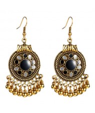 Vintage Oil-spot Glazed Folk Style Beads Tassel Women Round Earrings - Black