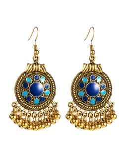 Vintage Oil-spot Glazed Folk Style Beads Tassel Women Round Earrings - Blue