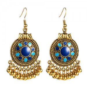 Vintage Oil-spot Glazed Folk Style Beads Tassel Women Round Earrings - Blue