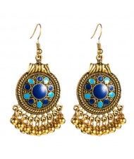 Vintage Oil-spot Glazed Folk Style Beads Tassel Women Round Earrings - Blue
