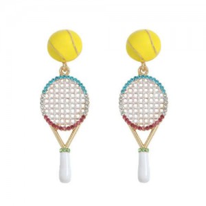Tennis Racket Design Rhinestone Embellished High Fashion Women Tassel Earrings