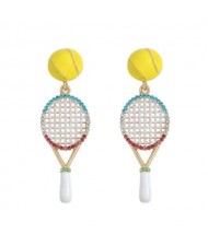 Tennis Racket Design Rhinestone Embellished High Fashion Women Tassel Earrings