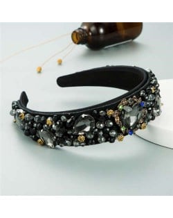 Crystal and Glass Drill Hearts Embellished Luxurious Design Bejeweled Women Headband - Black