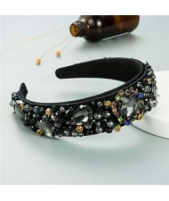 Crystal and Glass Drill Hearts Embellished Luxurious Design Bejeweled Women Headband - Black
