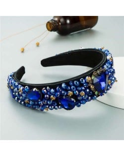 Crystal and Glass Drill Hearts Embellished Luxurious Design Bejeweled Women Headband - Royal Blue