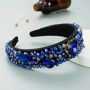 Crystal and Glass Drill Hearts Embellished Luxurious Design Bejeweled Women Headband - Royal Blue
