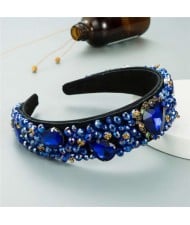 Crystal and Glass Drill Hearts Embellished Luxurious Design Bejeweled Women Headband - Royal Blue