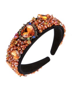 Crystal and Glass Drill Hearts Embellished Luxurious Design Bejeweled Women Headband - Orange