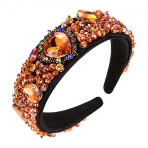 Crystal and Glass Drill Hearts Embellished Luxurious Design Bejeweled Women Headband - Orange