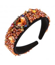 Crystal and Glass Drill Hearts Embellished Luxurious Design Bejeweled Women Headband - Orange