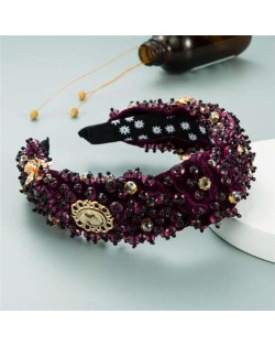 Baroque Luxurious Fashion Crystal Beads Embellished Bowknot Design Women Bejeweled Headband - Purple