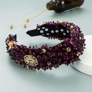 Baroque Luxurious Fashion Crystal Beads Embellished Bowknot Design Women Bejeweled Headband - Purple