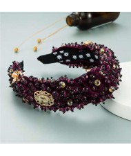 Baroque Luxurious Fashion Crystal Beads Embellished Bowknot Design Women Bejeweled Headband - Purple