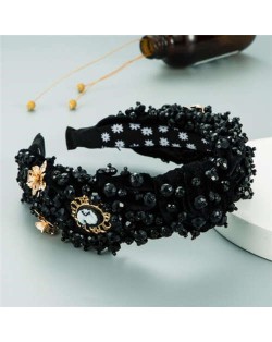 Baroque Luxurious Fashion Crystal Beads Embellished Bowknot Design Women Bejeweled Headband - Black