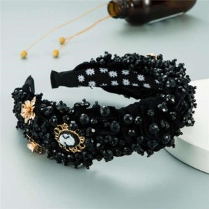 Baroque Luxurious Fashion Crystal Beads Embellished Bowknot Design Women Bejeweled Headband - Black
