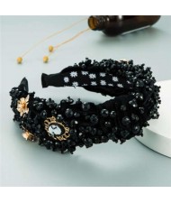 Baroque Luxurious Fashion Crystal Beads Embellished Bowknot Design Women Bejeweled Headband - Black