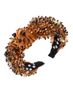 Baroque Luxurious Fashion Crystal Beads Embellished Bowknot Design Women Bejeweled Headband - Brown