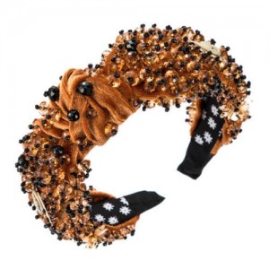 Baroque Luxurious Fashion Crystal Beads Embellished Bowknot Design Women Bejeweled Headband - Brown