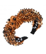 Baroque Luxurious Fashion Crystal Beads Embellished Bowknot Design Women Bejeweled Headband - Brown