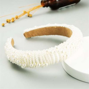 Glistening Pearl Beads Bold Fashion Sponge Women Headband - White