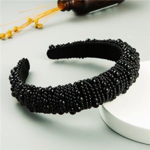 Glistening Pearl Beads Bold Fashion Sponge Women Headband - Black