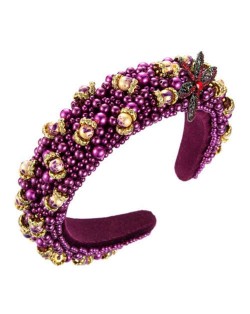 Dragonfly and Flowers Attached Rhinestone and Crystal Beads High Fashion Women Headband - Purple