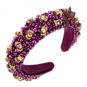 Dragonfly and Flowers Attached Rhinestone and Crystal Beads High Fashion Women Headband - Purple