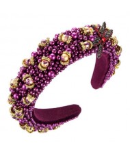 Dragonfly and Flowers Attached Rhinestone and Crystal Beads High Fashion Women Headband - Purple