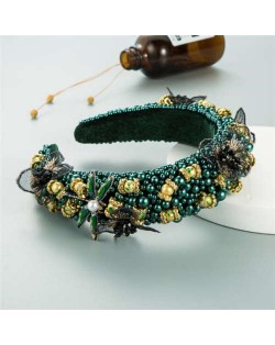 Dragonfly and Flowers Attached Rhinestone and Crystal Beads High Fashion Women Headband - Green