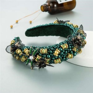 Dragonfly and Flowers Attached Rhinestone and Crystal Beads High Fashion Women Headband - Green