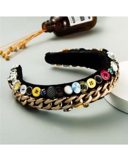 Assorted Buttons and Alloy Chain Mix Design Baroque High Fashion Women Headband - Golden