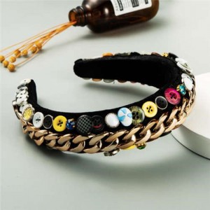 Assorted Buttons and Alloy Chain Mix Design Baroque High Fashion Women Headband - Golden