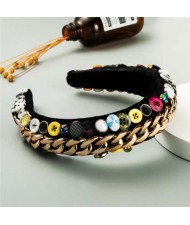Assorted Buttons and Alloy Chain Mix Design Baroque High Fashion Women Headband - Golden