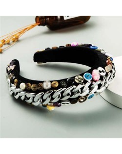 Assorted Buttons and Alloy Chain Mix Design Baroque High Fashion Women Headband - Silver