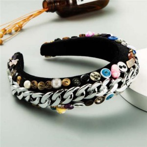 Assorted Buttons and Alloy Chain Mix Design Baroque High Fashion Women Headband - Silver